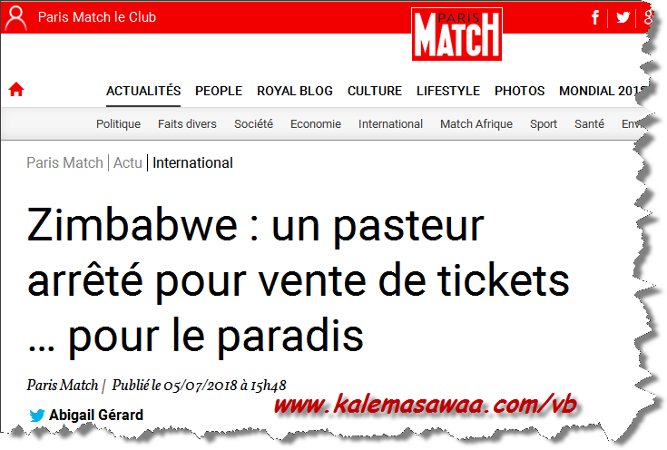 Zimbabwe pasteur arrt pour vente tickets pour paradis